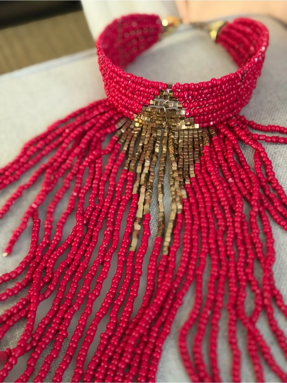 Beautiful Handmade Pink Beaded Fringe Statement Necklace - Designer Style